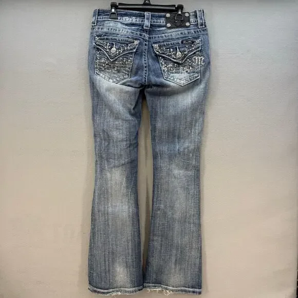 Miss Me Jeans Women's 27x31 (4) Blue Bootcut Rhinestone Pocket Flaps Studding - Picture 3 of 16